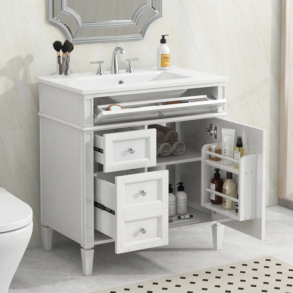 

30'' Bathroom Vanity With Top Ceramic Sink Modern Bathroom Multi-Purpose Storage Cabinet With Drawers White Bathroom Vanity Set