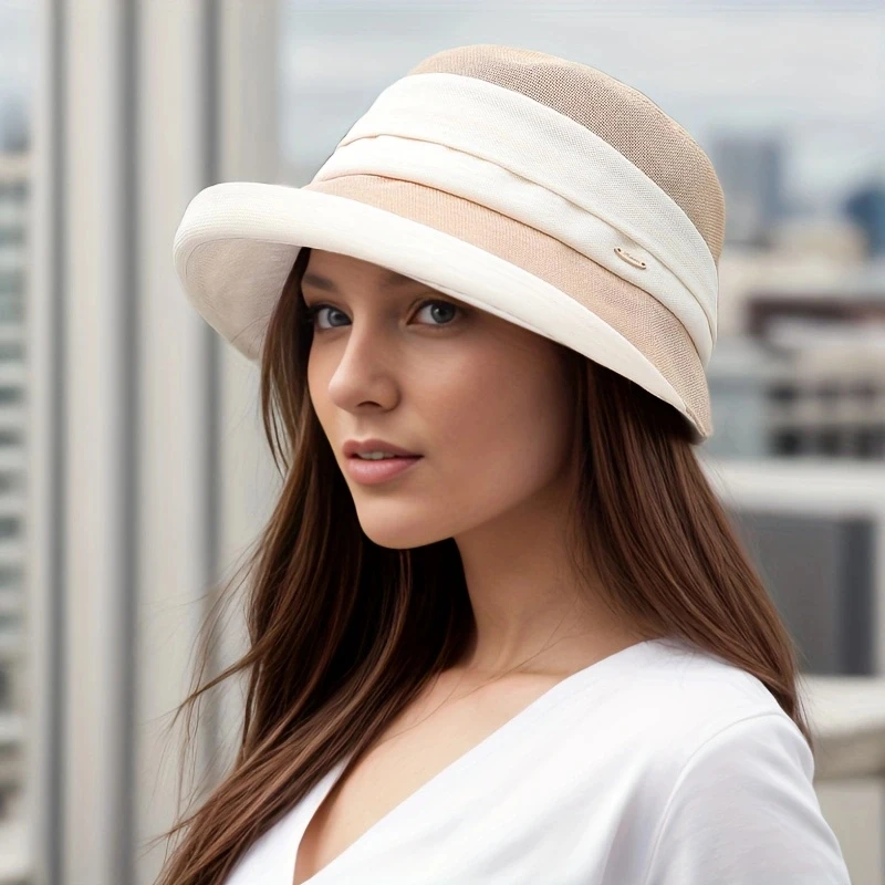 

Short brimmed fashionable fisherman hat, solid color summer sunshade hat, artificial pearl decoration, UV resistant women's beac