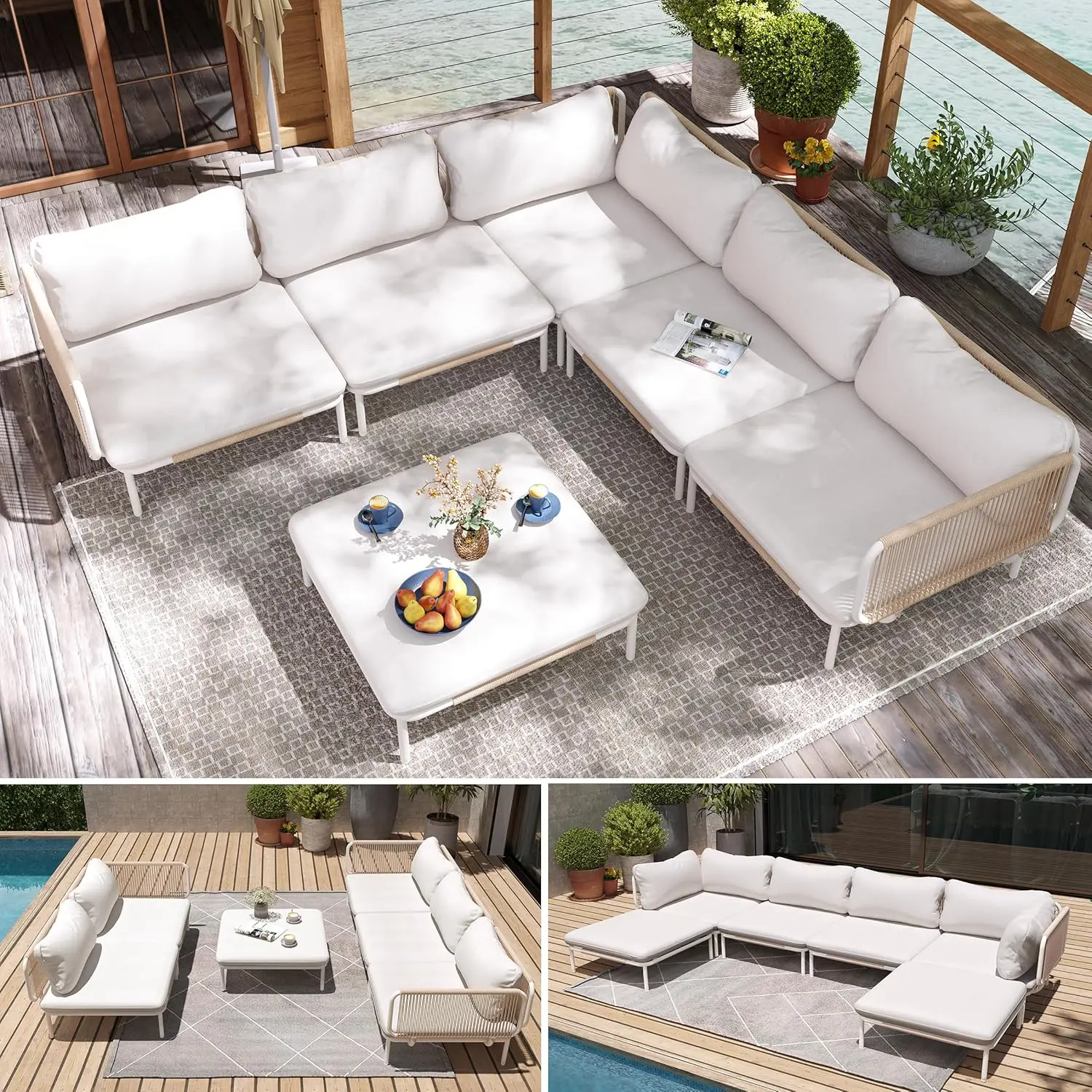 

Комплект из 6-ти модулей для патио: Увеличенный секционный диван с толстыми подушками, устойчивый к непогоде, с металлическим каркасом, для двора, сада, зоны у бассейна, бежевый, на заказ