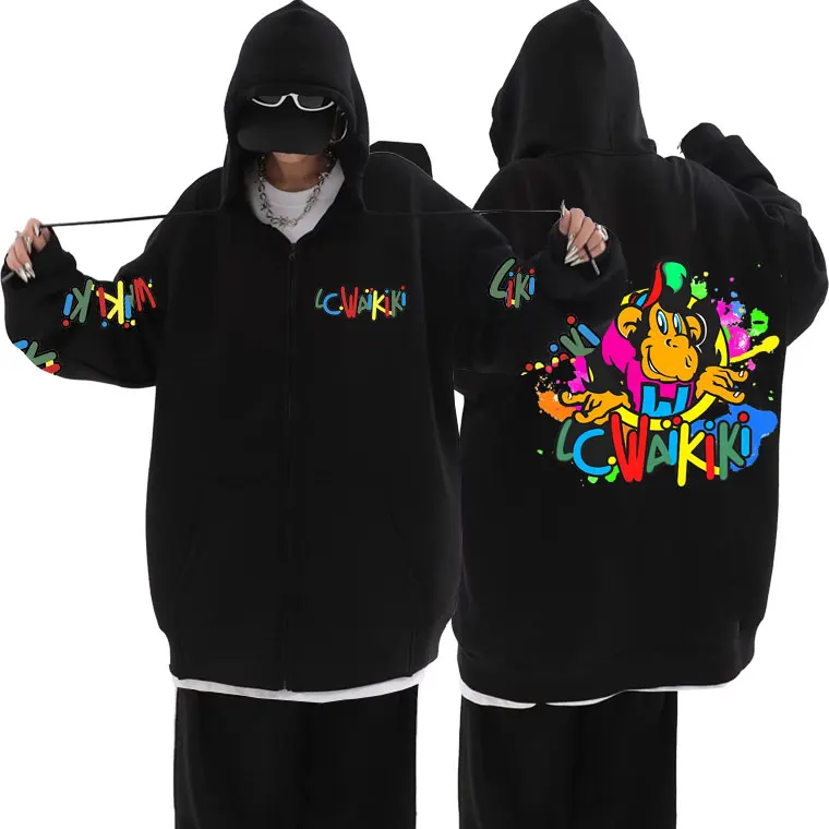 Lc Waikiki Monkey Graphic Zip Up Hoodie Male Funny Cartoon Monkeys Print Zipper Jacket Men Women Fashion Brand Oversized Hoodies