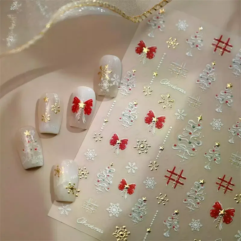 Leuke kerststijl witte kerstboom sneeuwvlok nail art stickers rode strik nail art print reliëf sticker feestelijke nagel decor