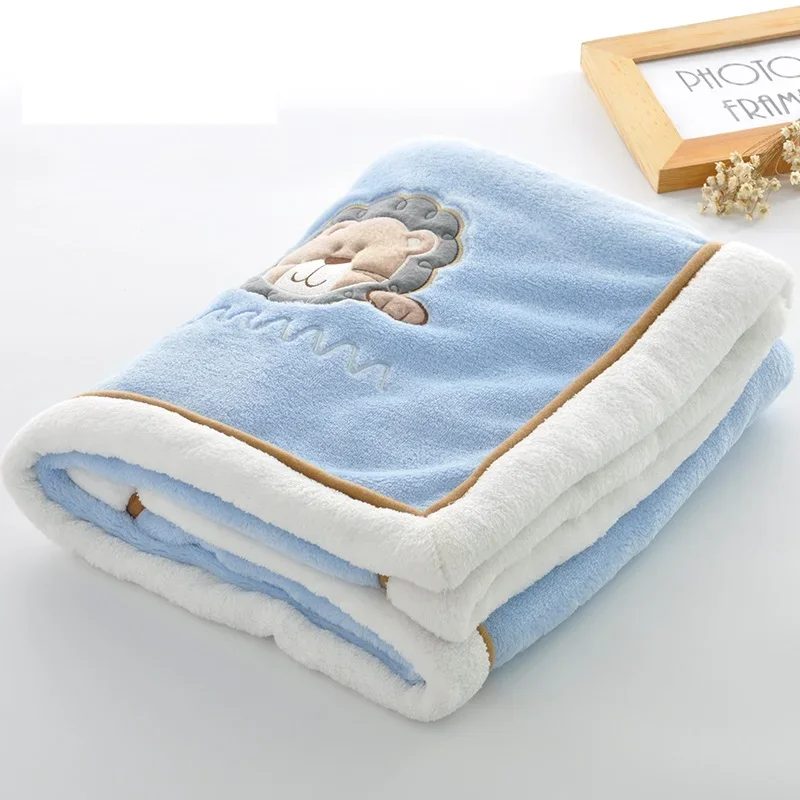 Baby Blankets Newborn Cartoon Embroidery Flannel Baby Blanket Kids Boys Girls Swaddle Wrap Infant Stroller Cover Blanket