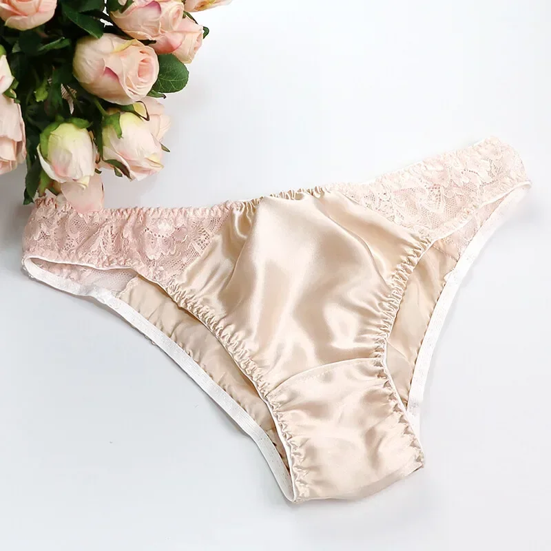 100 % Maulbeerseide, sexy Seiden-Spitzenunterwäsche, atmungsaktiv, niedrige Taille, bequem, antibakteriell, Slips, Dessous, Femme-Höschen