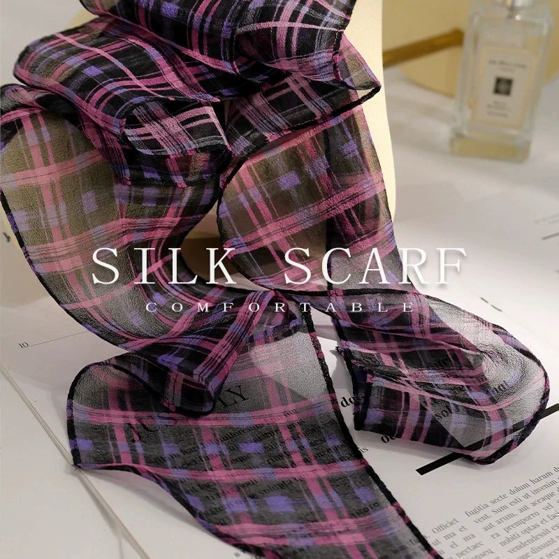 

Lightweight 100% Mulberry Silk Scarf Plaid Printed Long Silk Scarf Women Decorative Neckerchief for Spring Summer