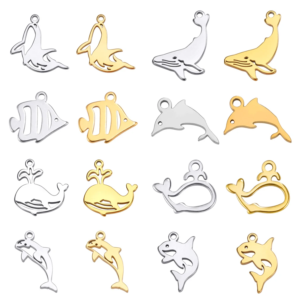 My Shape 5 pcs Fish Charms Dolphin Whale Shark Tropical Fish Stainless Steel Pendants for Necklace Bracelets DIY Jewelry Making