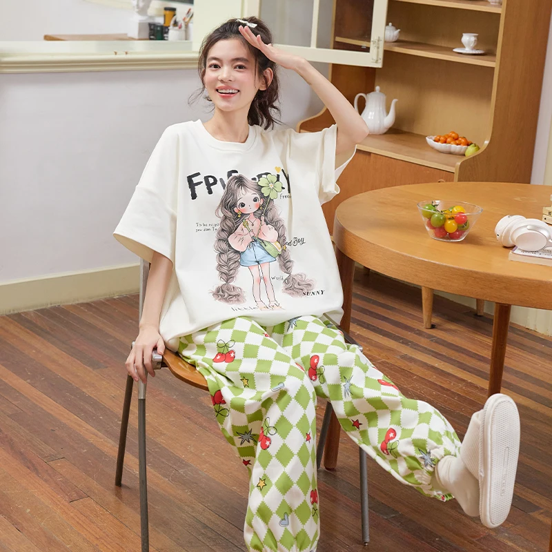 

Женская хлопковая пижама: летний новый комплект с длинными брюками, большие размеры, с мультяшным принтом, милый домашний повседневный костюм для отдыха, модный.