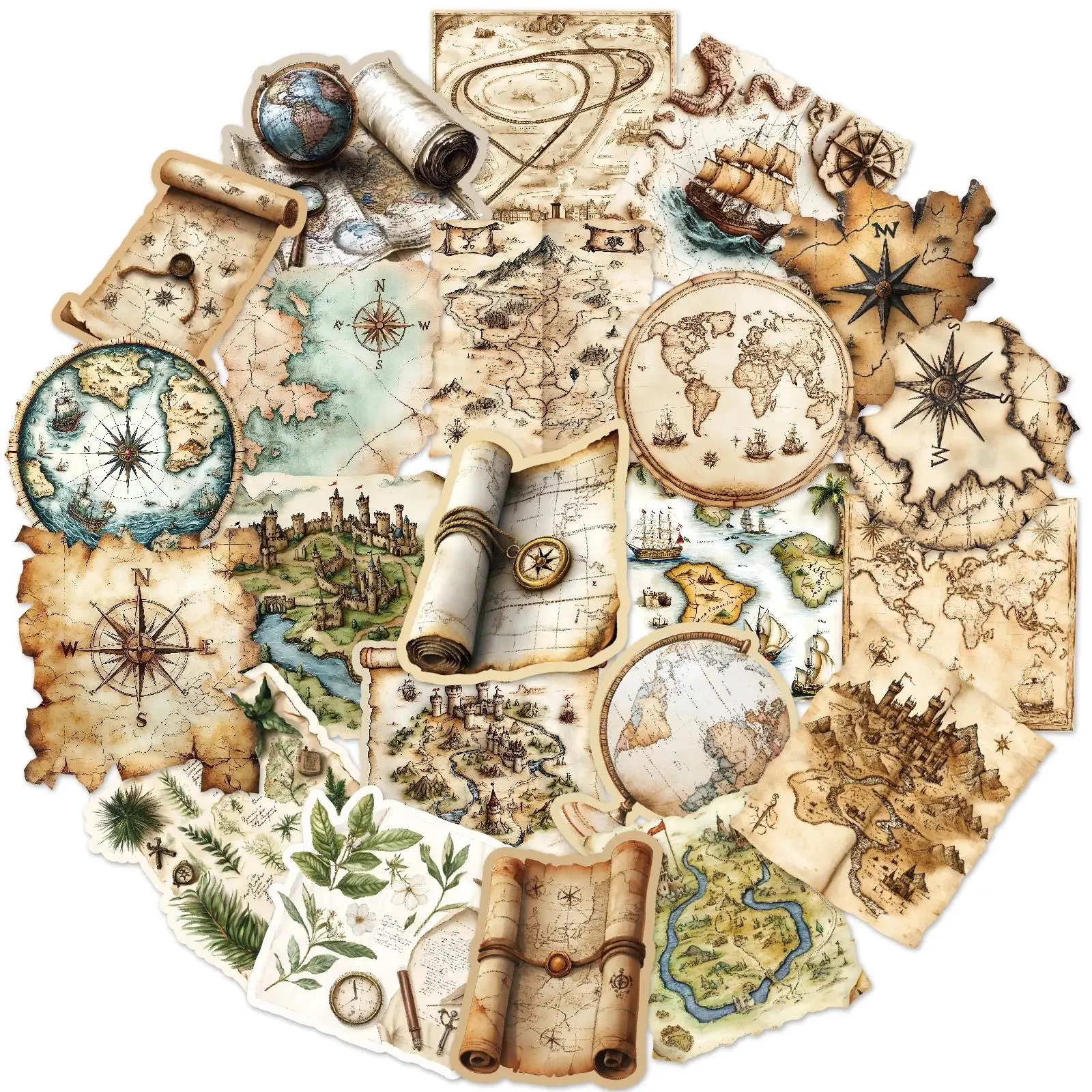 50Pcs Retro Map Adventure Map Stickers  Diy Computer Luggage Waterproof Decoration Student Sticker Stationery