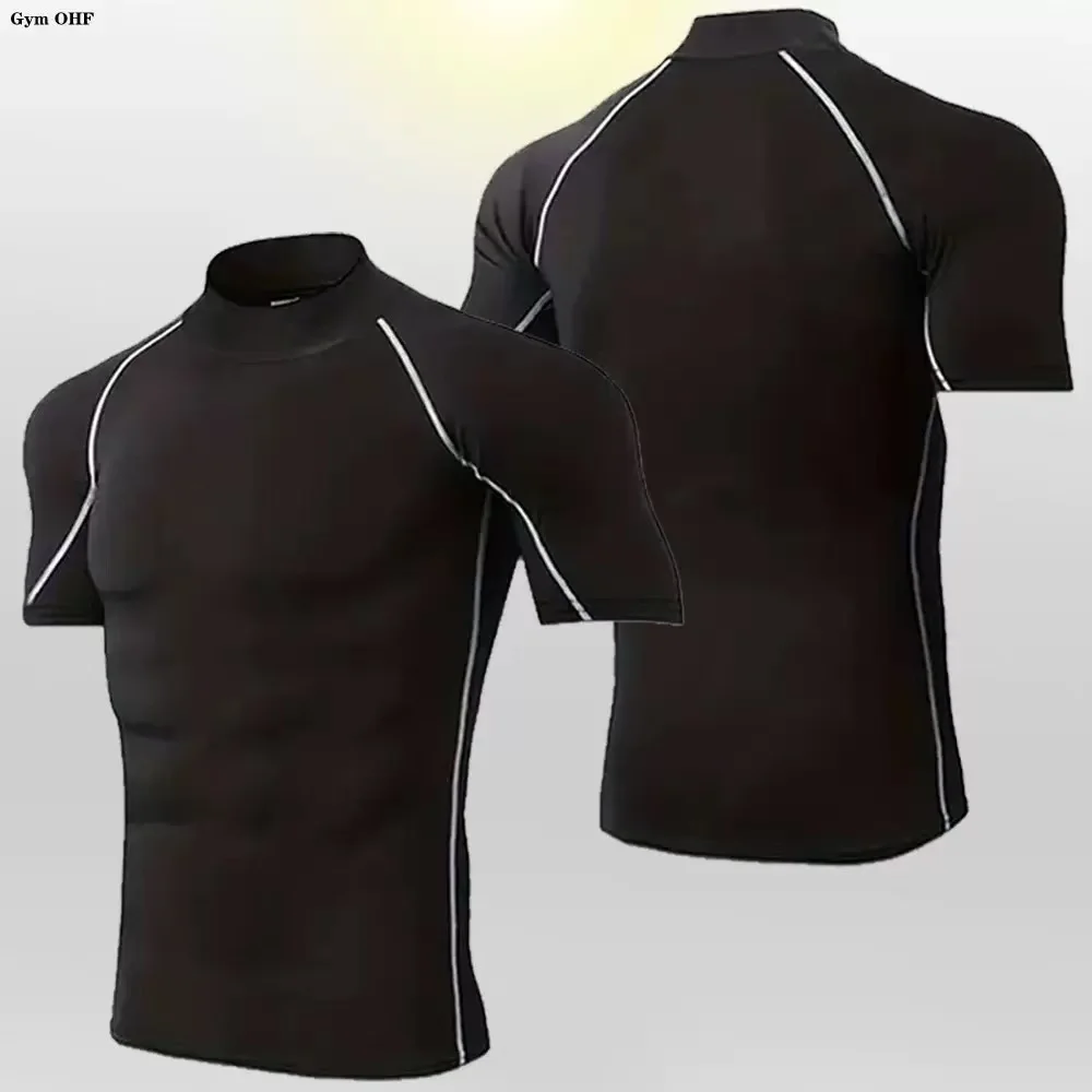 new summer men's fitness running training breathable fast drying tight fitting T-shirt high neck can