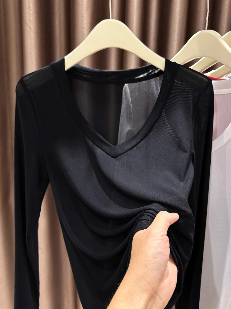 

Pure Desire Bla Lace Long Sve V-Ne Women's Base irt Inner Wear Spring Autumn New Sle Netting T-irt Thin Outerwear