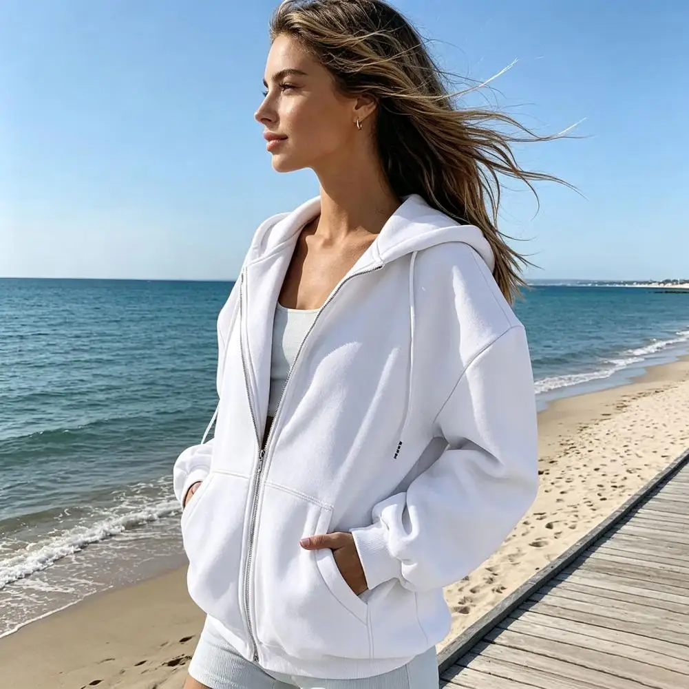 Loose Fit Sweatshirts Outdoor Sports Activewear Women’s Zip-up Hoodie Jacket Loose Fit Drawstring Hooded Coat with for Fall