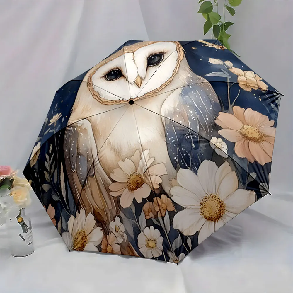 1PC Owl and Floral Art Umbrella with Dark Starry Background Print 8 Iron Ribs Folding Umbrella Auto-Open Fashion Sunshade