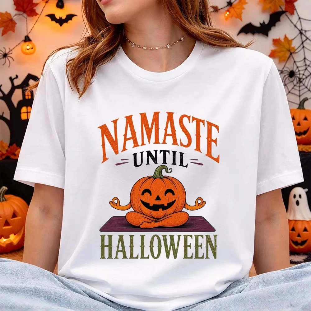 Namaste Until Halloween Pumpkin Yoga Funny Graphic Tees Unisex Cotton T-Shirt Autumn Casual Streetwe