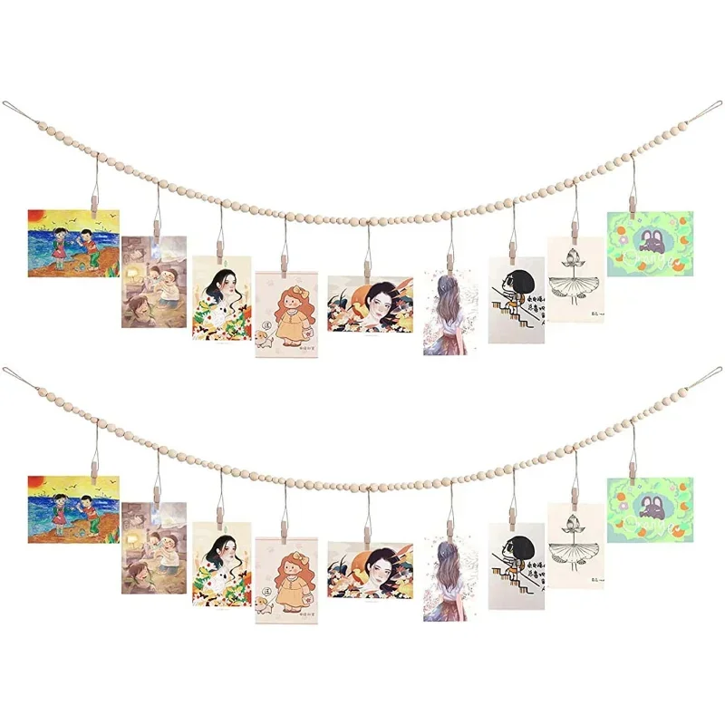 

Wooden Beads Garland Rustic Natural Wall Hanging Photo Display With Collage Picture Frame Holders For Home Room Wall Decoration