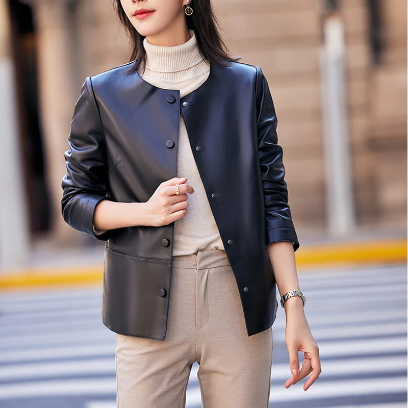 M-2XL Imported Real Leather Jackets Coats for Women Spring Chic O-neck Covered Button Loose Real Sheepskin Ladies Blazer Jackets