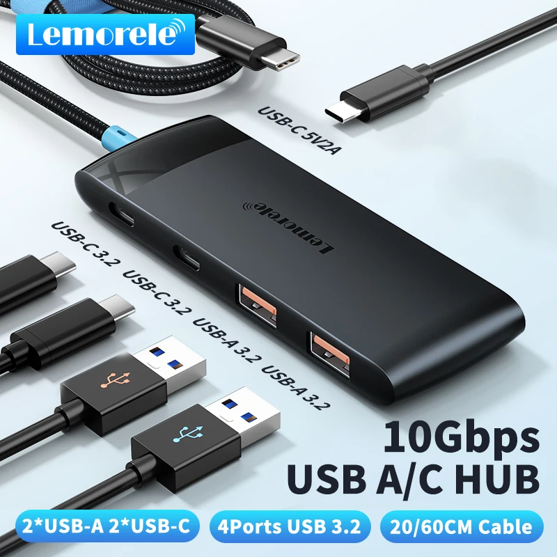 Lemorele TC109 USB3.2 Hub 5-in-1 USB C Hub10Gbps 2 USB-A 2 USB-C for Mac/Windows/SSD/HDD Data Transfer Thunderbolt 3/4 Compatibl