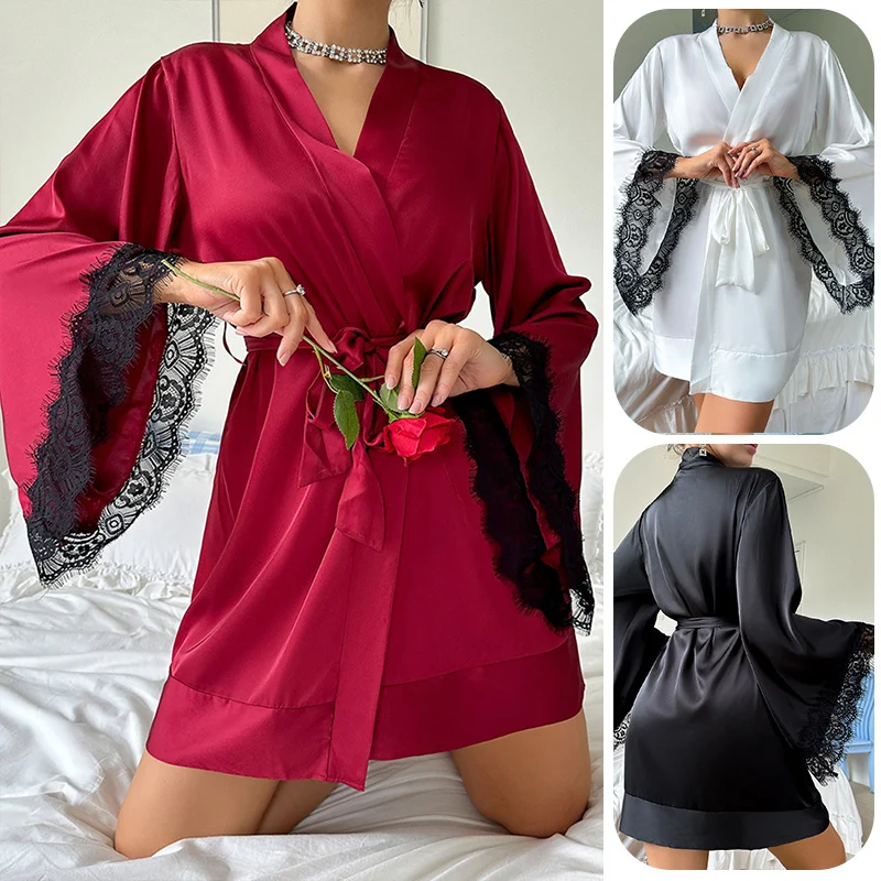 Women Pajama Shower Robe Satin Bath Robes For Women Long Sleeve V Neck House Robe With Belt 3 Colors Night Dress Sexy Sleepwear