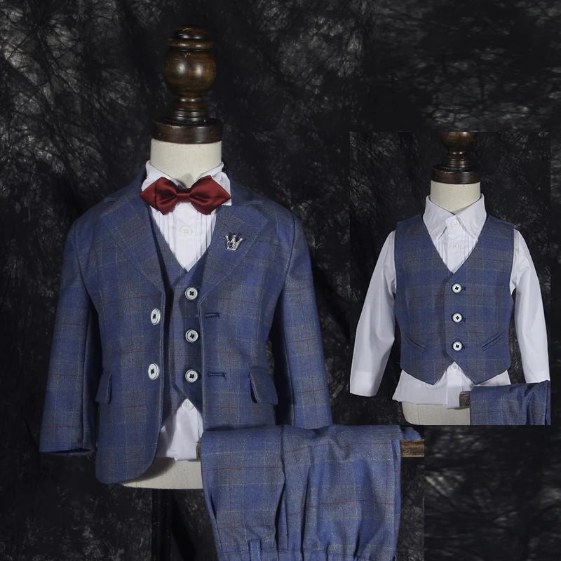 

Children's Autumn Handsome Plaid Suit Set Boy Wedding Birthday Performance Piano Host Costume Kids Blazer Vest Pants Clothes