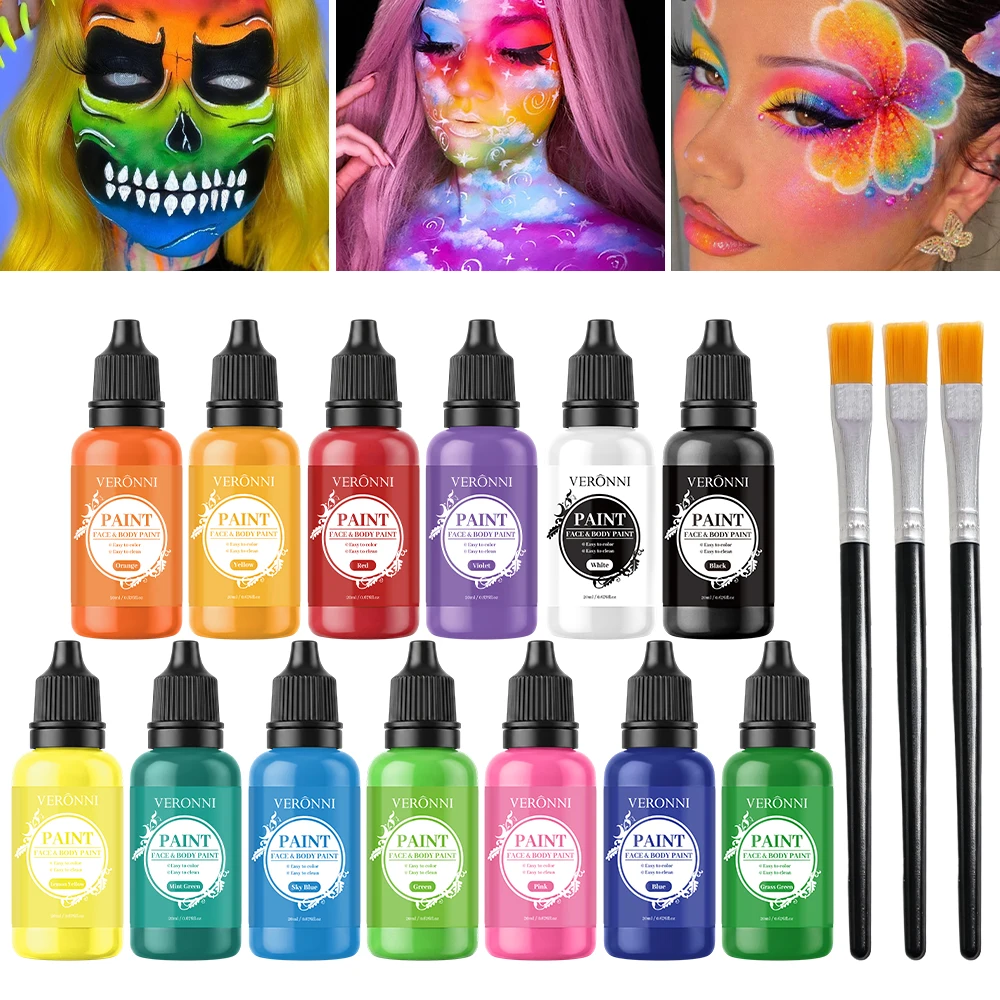 Face Body Paint Set With 3 Brushes Water‑Based Non‑Toxic Face Painting Easy To Clean For Halloween Cosplay Party Stage Makeup