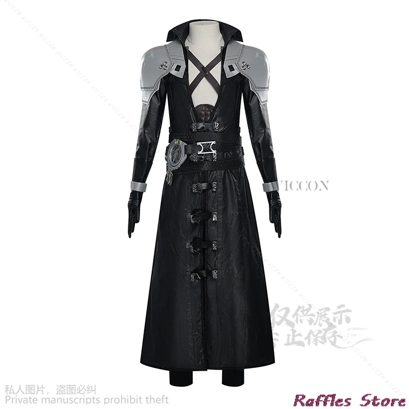 FF7 Sephiroth Cosplay Costume Black Fantasy Leather Coat And Long Grey Wig Cosplay Uniform Suit Full Set Roleplay Halloween Suit