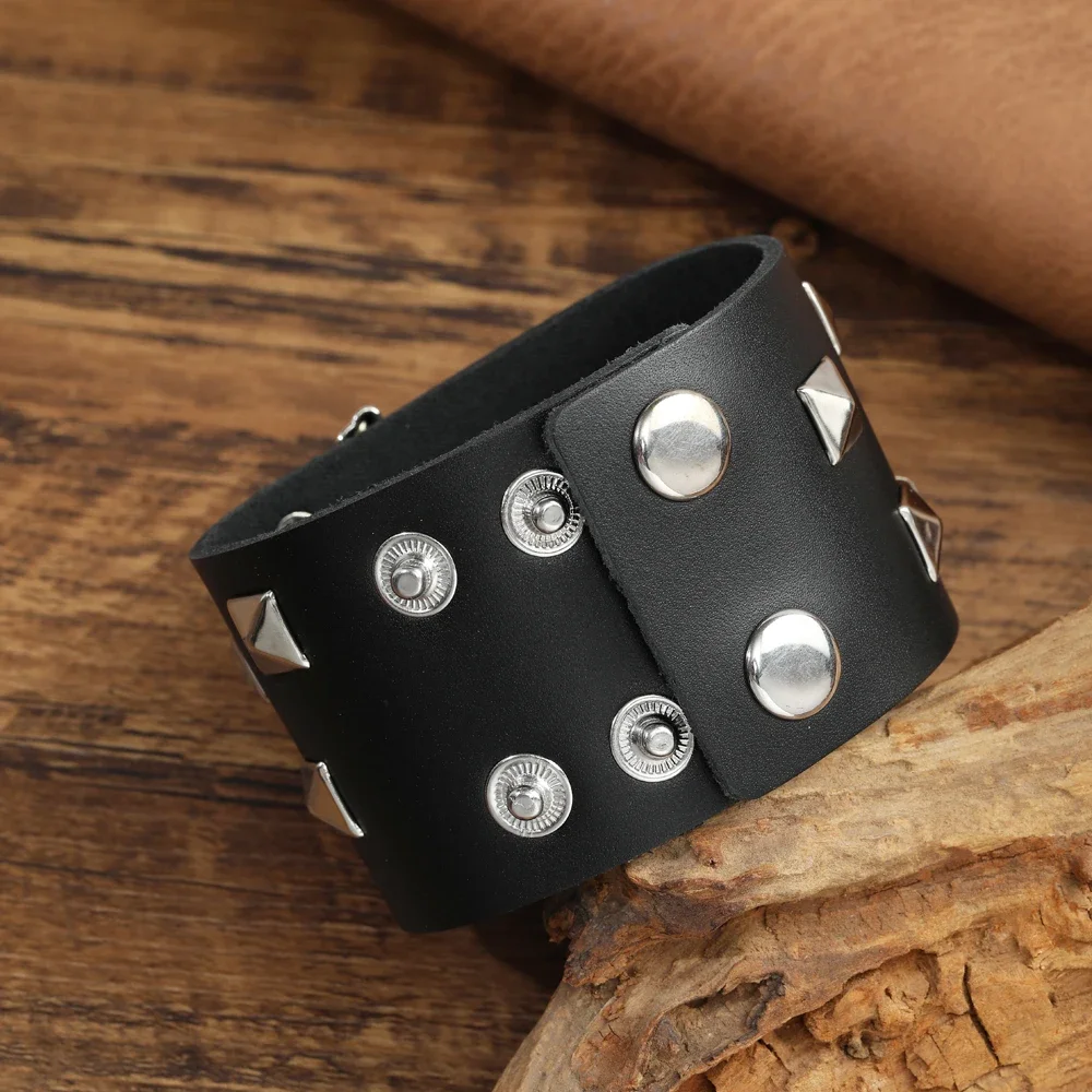 2024  Jewelry Handmade Weave Genuine Leather Skull Bracelet Men Vintage Cuff Wide Leather Rivet Bracelet Pulsera Hombre