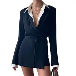 Spring Autumn Winter Black Satin V-Neck Shirt Dress Women Long Sleeve Lace Up Mini Dresses Elegant Ladies Party Vestidos