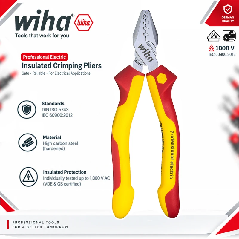 Wiha 35862 Professional Insulated Crimping Pliers, VDE 1000V DIN 46228 Terminal Ferrule Crimper Electrician Hand Tool