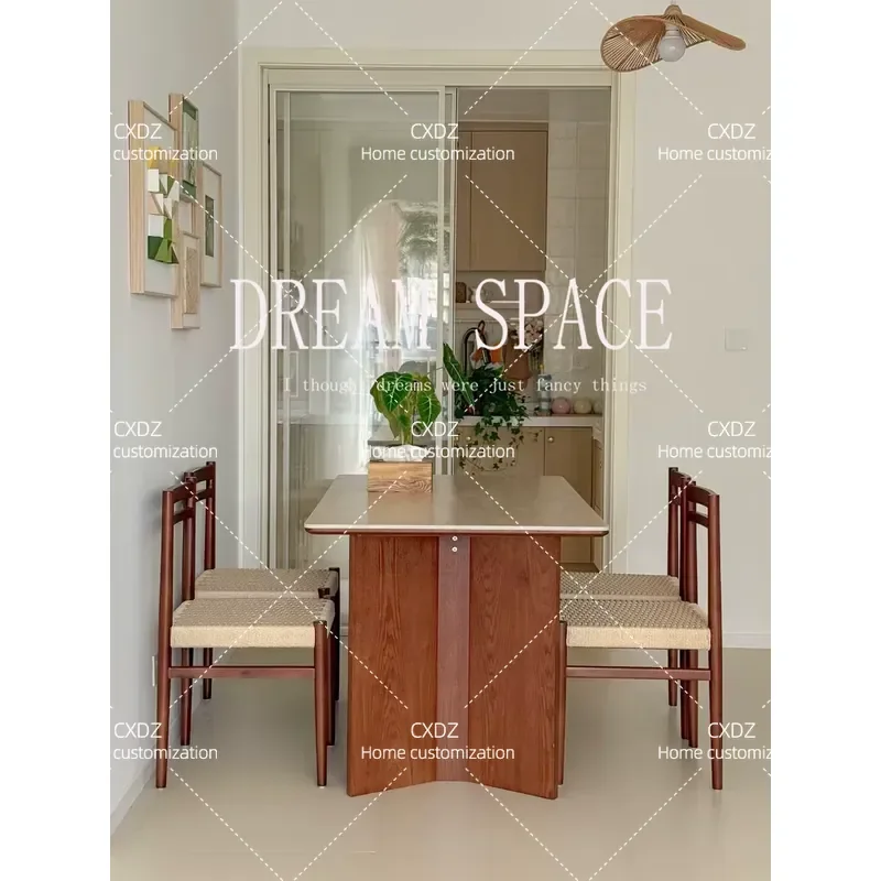 French retro simple modern rock slab solid wood dining table household small apartment premium rectangular dining table cream