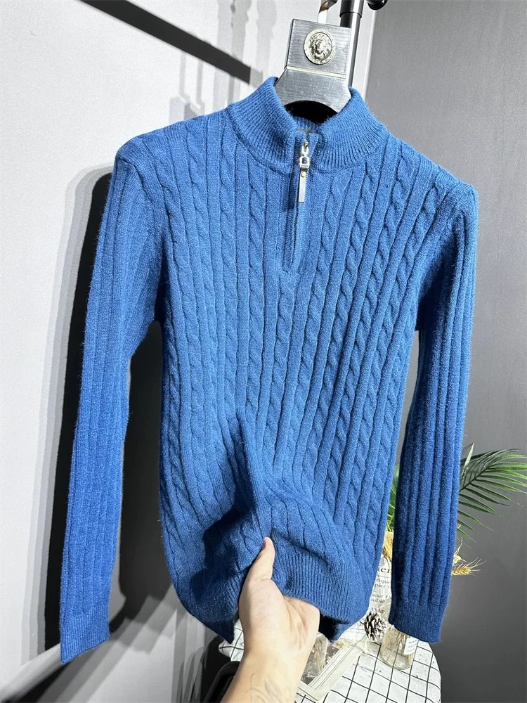 

Trend zipper semi high neck men's sweater high-end fashion unique solid color jacquard thicken autumn winter warm knit pullover
