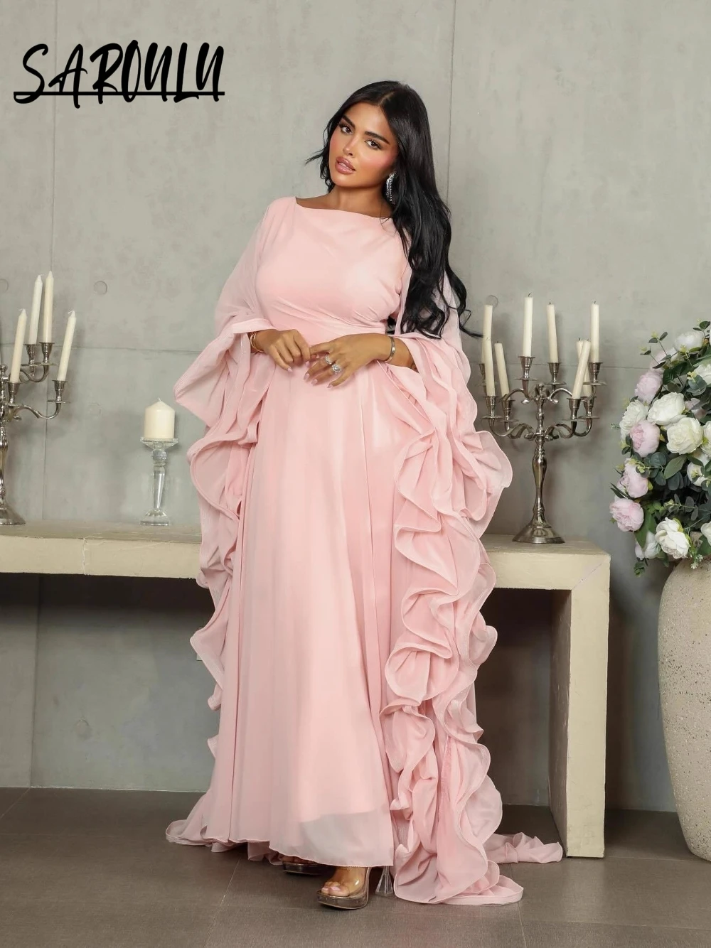 

Pink Chiffon Romantic Ruffled Sleeves Evening Dress Soft Party Charming Arabic Long Sexy Low Back Prom Gown Hot Sale
