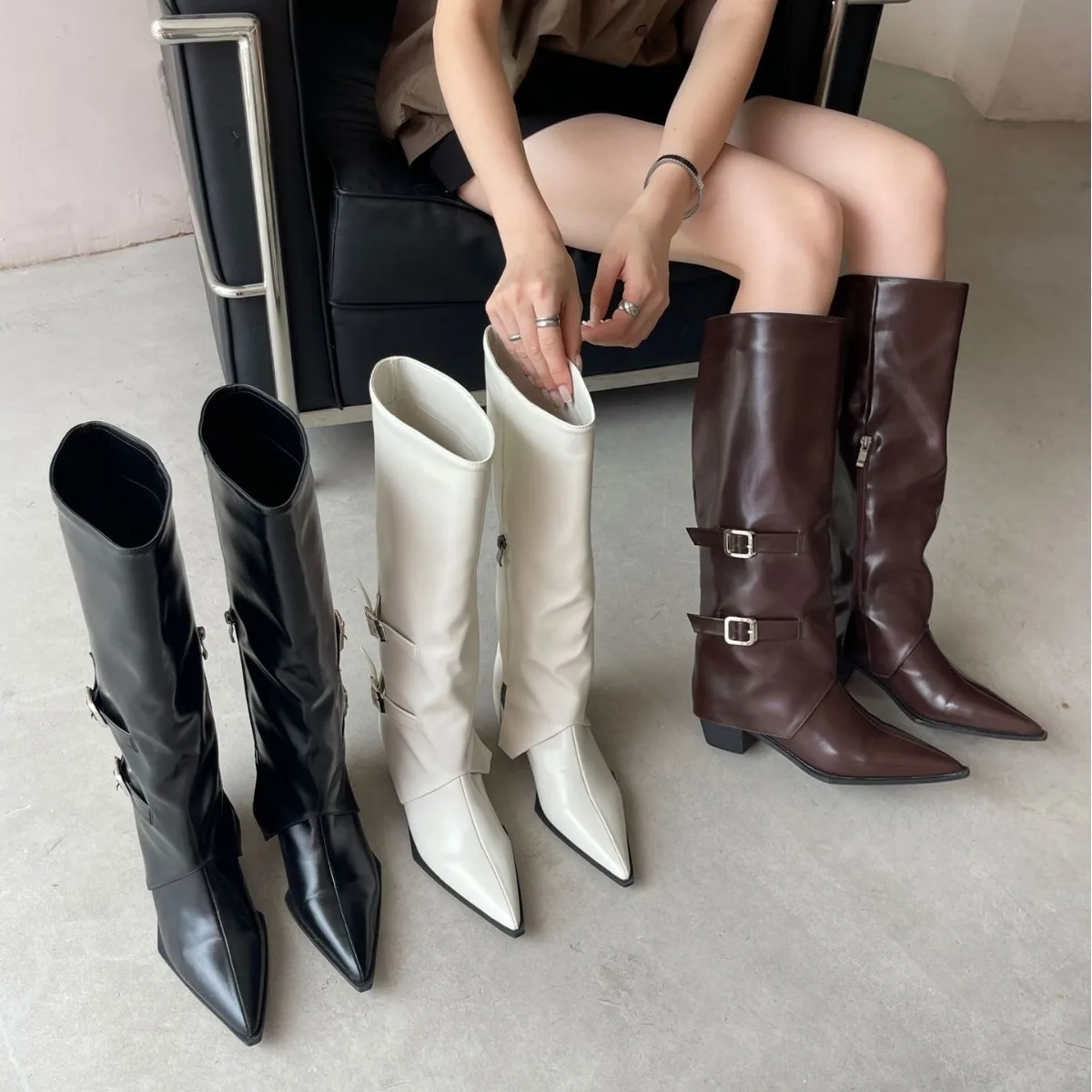 

Folded Pleated Chunky Heel Long Boots Women's Bule Knight Boots Punk Sle High Heel Boots Street Faion Trend Boot