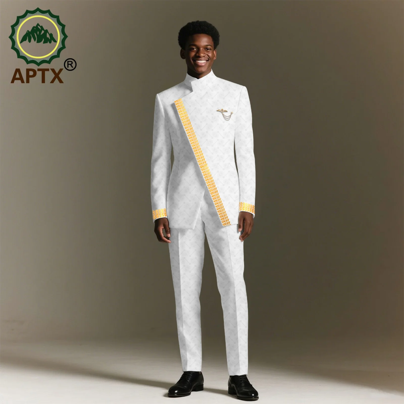 

African Men's Bazin Riche 2-Piece Suit Stand Collar Single Breasted Blazer Jacket with Pants for Party Wedding 2516105