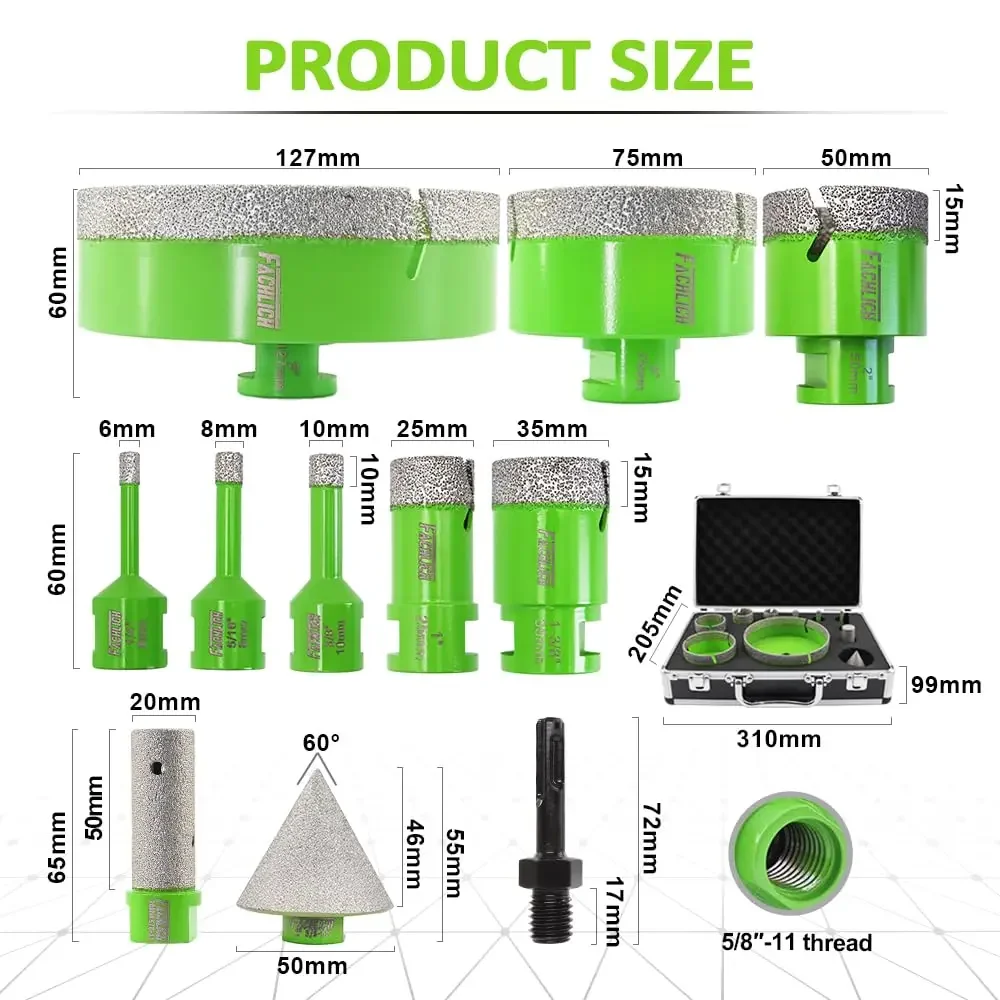 Diamond Tile Hole Saw Kit 6-127MM for Porcelain Ceramic Tile 11PCS