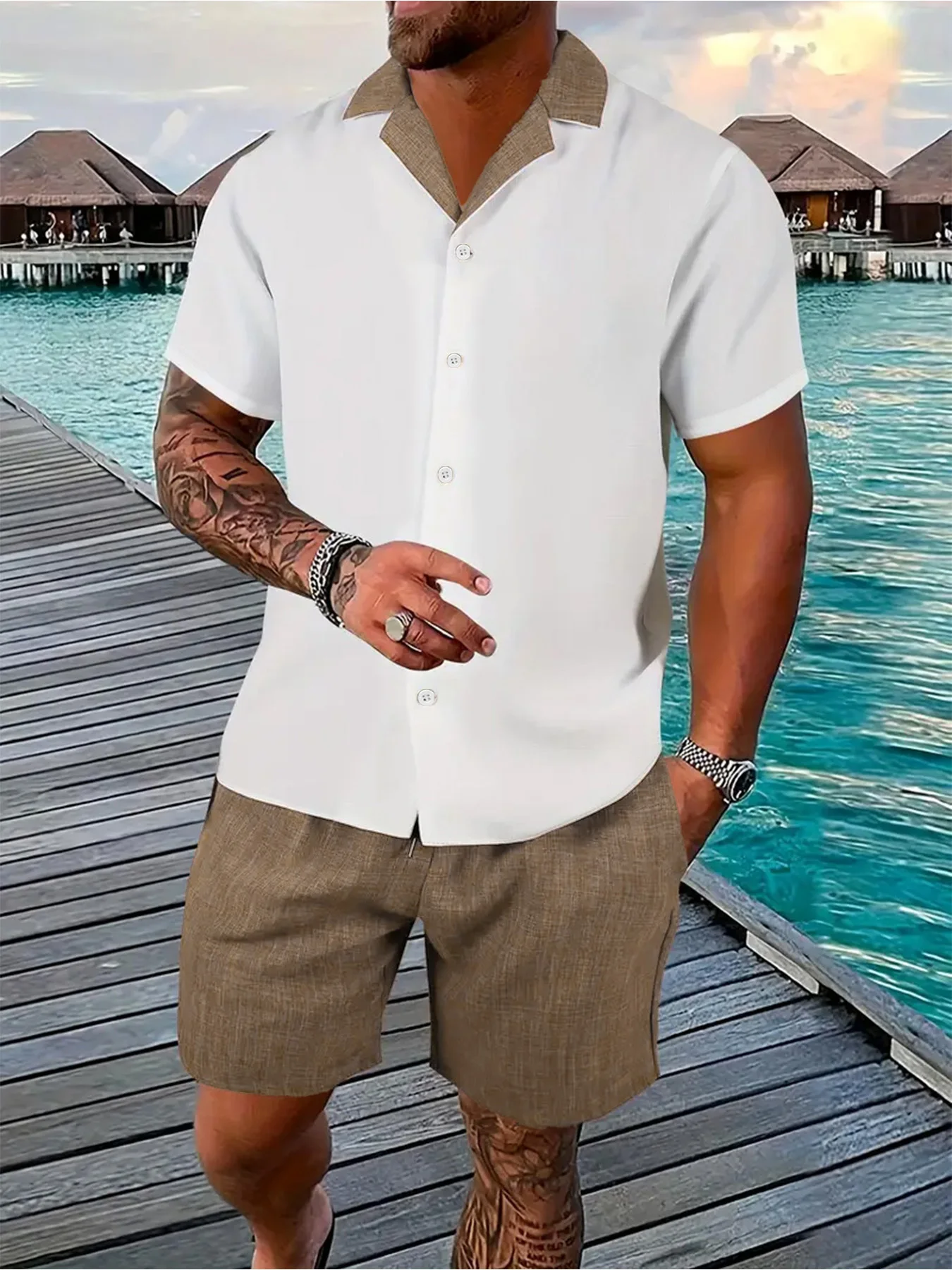 

Men's New Chinese Style Color Block Set, White Shirt & Brown Shorts for Smart Casual Wear