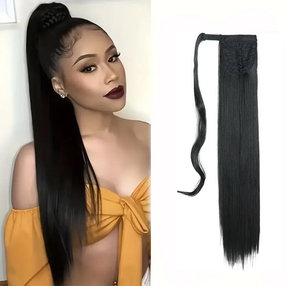 Queue de cheval synthétique lisse en soie longue pour femme, extensions de cheveux rondes, postiche à clipser, perruques élégantes, os, utilisation 03