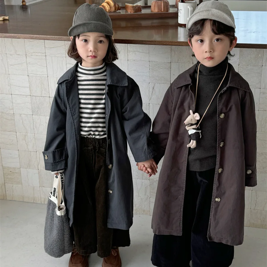 

Trench Children Clothing Autumn New Long Cotton Baby Forest Simplicity Loose Coat Overcoat 2024 Solid Fashion Causal