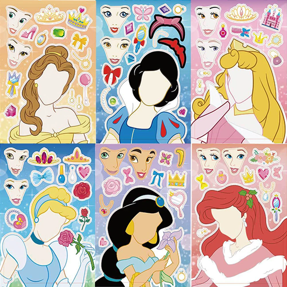 8/16Sheets Cartoon Disney Princess Puzzle Stickers Make-a-Face DIY Assemble Jigsaw Educational Party Favors Scrapbooking Sticker - view 4