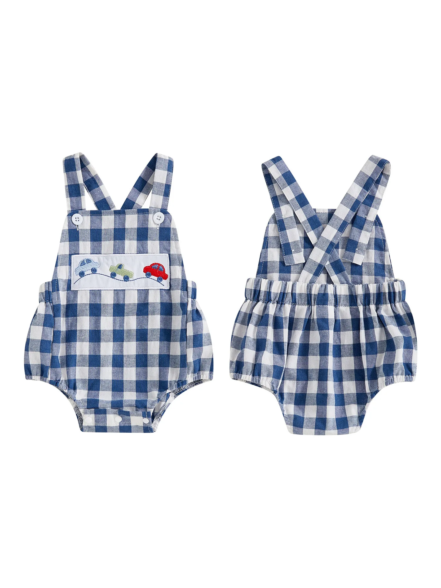 여름 점프슈트를 위한 자동차 자수와 뒤 크로스 디자인이 있는 유아 소년 민소매 격자 무늬 롬퍼 작업복