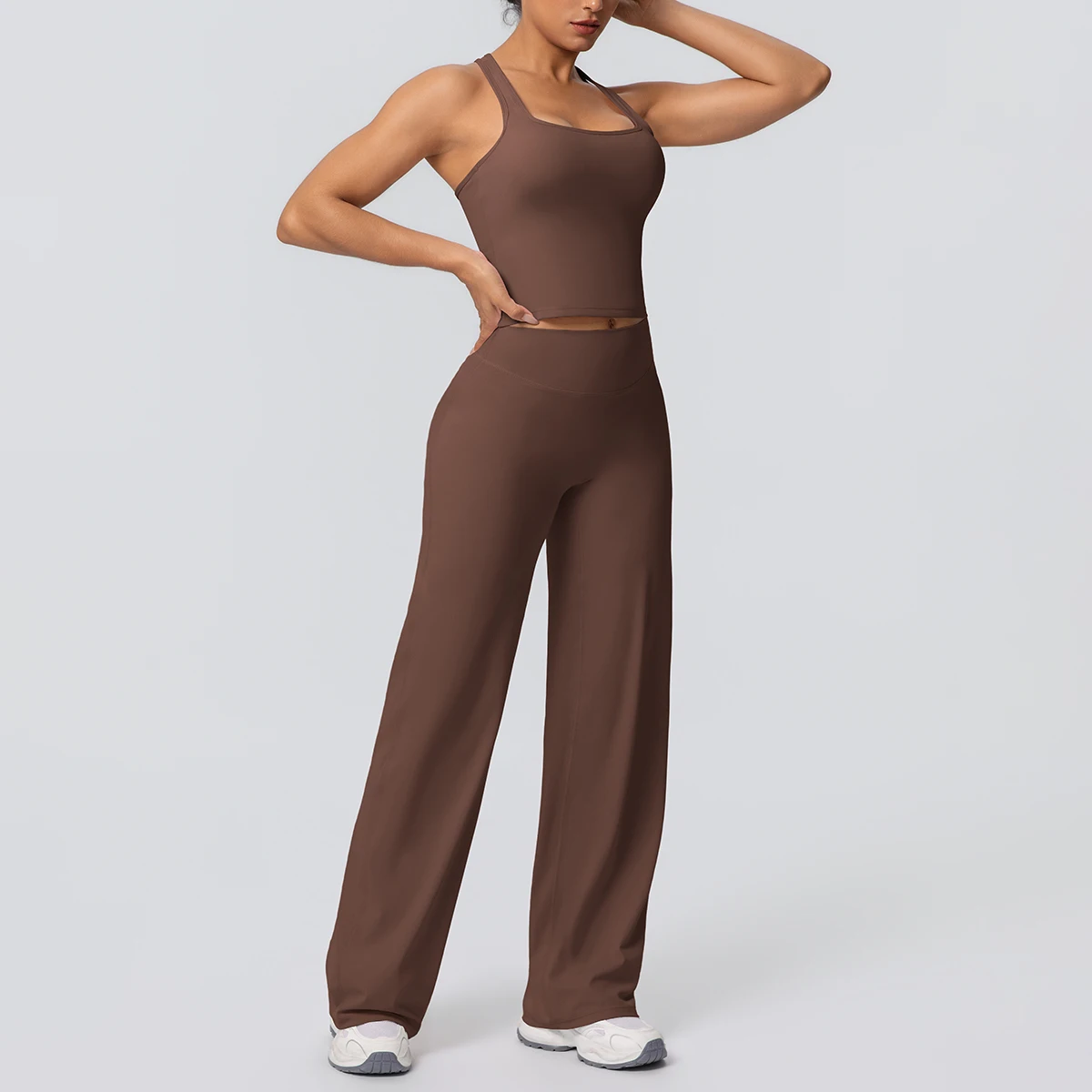 Frauen Sport Yoga Set Gym Schnell Trocknend Pfirsich Butt Yoga Hosen Einfarbig Schlank Schöne Zurück I-förmigen weste Yoga Set – Detail 5