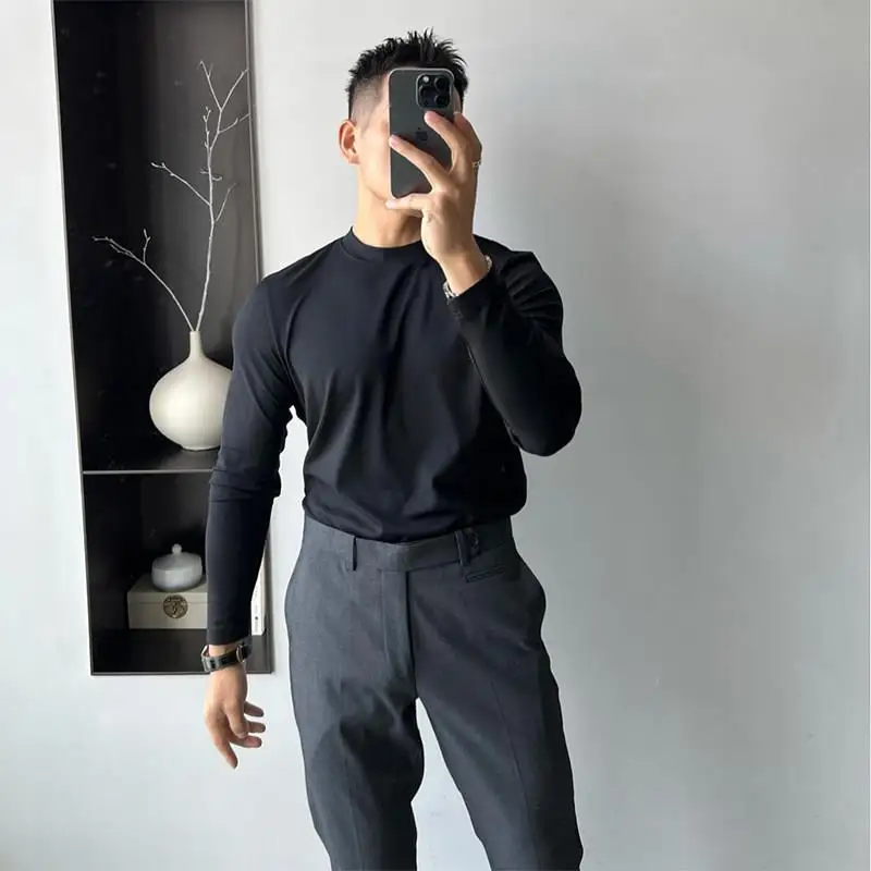 

Thiened Long Sve round Ne T-irt Men's Slim Fit Casual Autumn Winter Fitn Elastic Color Base irt Inner Wear