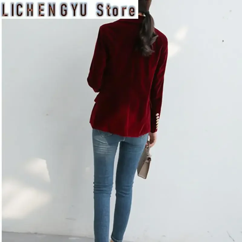 Fashion Brand Spring Women Slim Velvet Blazer Jacket Double Breasted Simple Lady Blazers High Grade OL Clothing