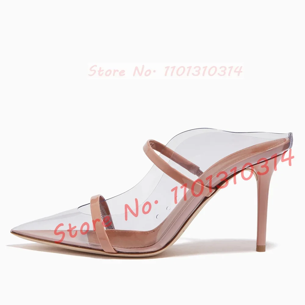 Double Straps Nude Pvc Mules Women Elegant Pointed Toe Thin High Heels Clear Shoes Ladies Luxury Two Tone Waves Outline Slippers
