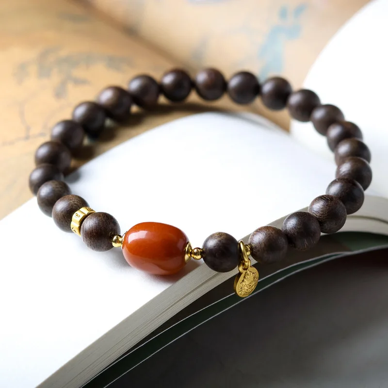 Vietnamese Nha Trang White Agarwood Red Skin Old Honey Agate Beads Original Chinese Style Bracelet