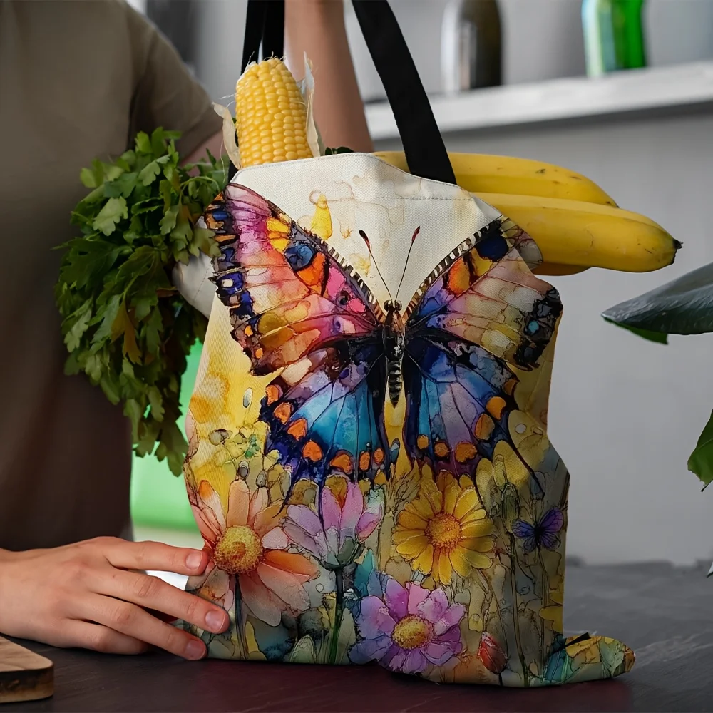 1pc Vibrant Butterfly & Floral Pattern Tote Bag Durable Polyester Rectangular with Spring Desig for Shopping Pouch Handbag
