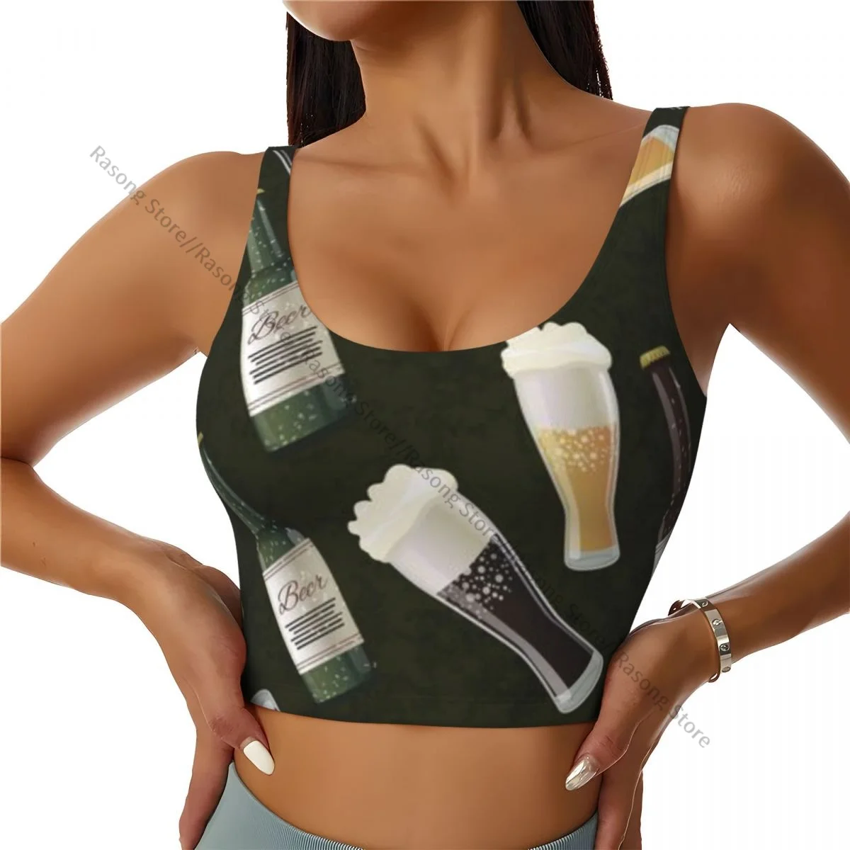 Yoga Vest Women Gym Sports Crop Tops Bottles And Glasses Beer Background Streetwear Workout Breathable Tank Top Female