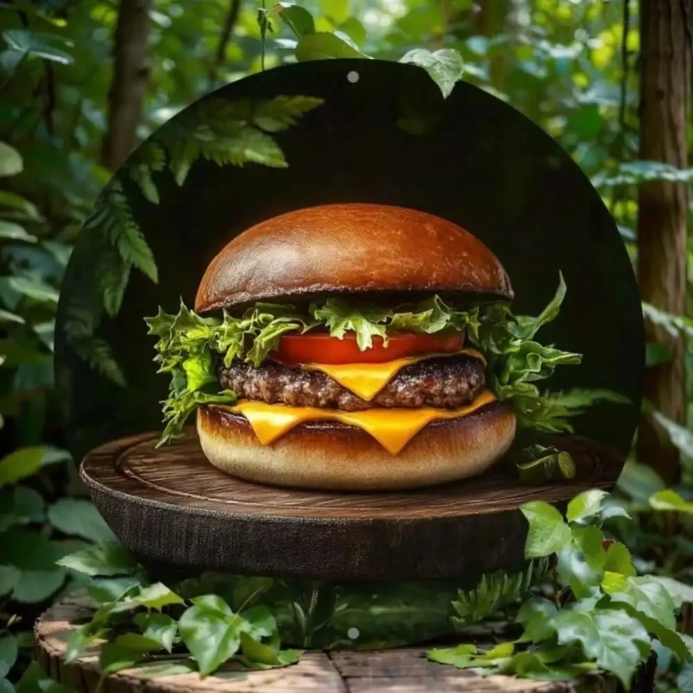 Vintage Gourmet Cheeseburger Forest Oasis Round Metal Tin Sign – 2D Flat Products Design with Enhanced Depth & Artistic Detailin