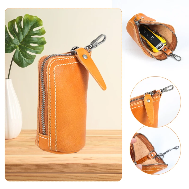 Vintage Leather Car Key Bag Key Holder Case Keychain First Layer Cowhide Retro Mini Coin Purse Handmade Zipper Small Wallet