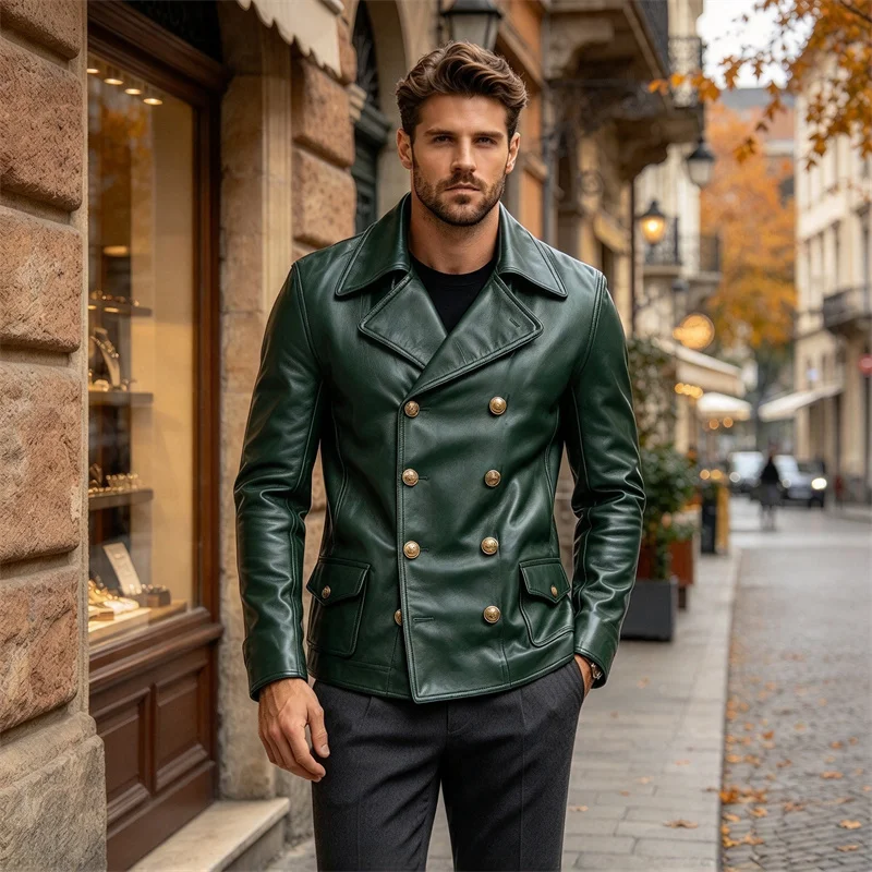 Men's Double Breasted Faux Leather Jacket Wide Lapel Gold Buttons Flap Pockets Work Casual Slim Coat Streetwear Motorcycle