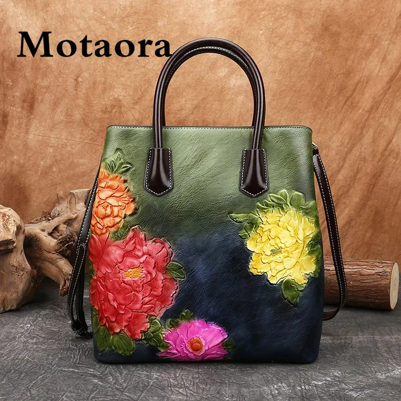 MOTAORA New Vintage Women Bucket Shoulder Bags 2024 Handmade Embossed PU Leather Handbag Retro Large Capacity Crossbody Tote Bag