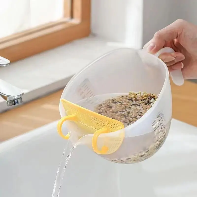 1L Plastic Measuring Cup Rice Washing Filter Strainer Basket Kitchen Tools Food Beans Sieve Fruit Bowl Drainer Cleaning