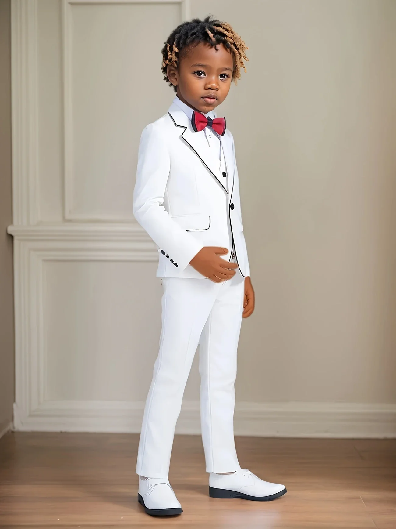 

Boys White Formal Suit Set Kids 4Pieces/Set Jacket Vest Pants Bowtie Birthday Photography Children Wedding Baptism Piano Blazer